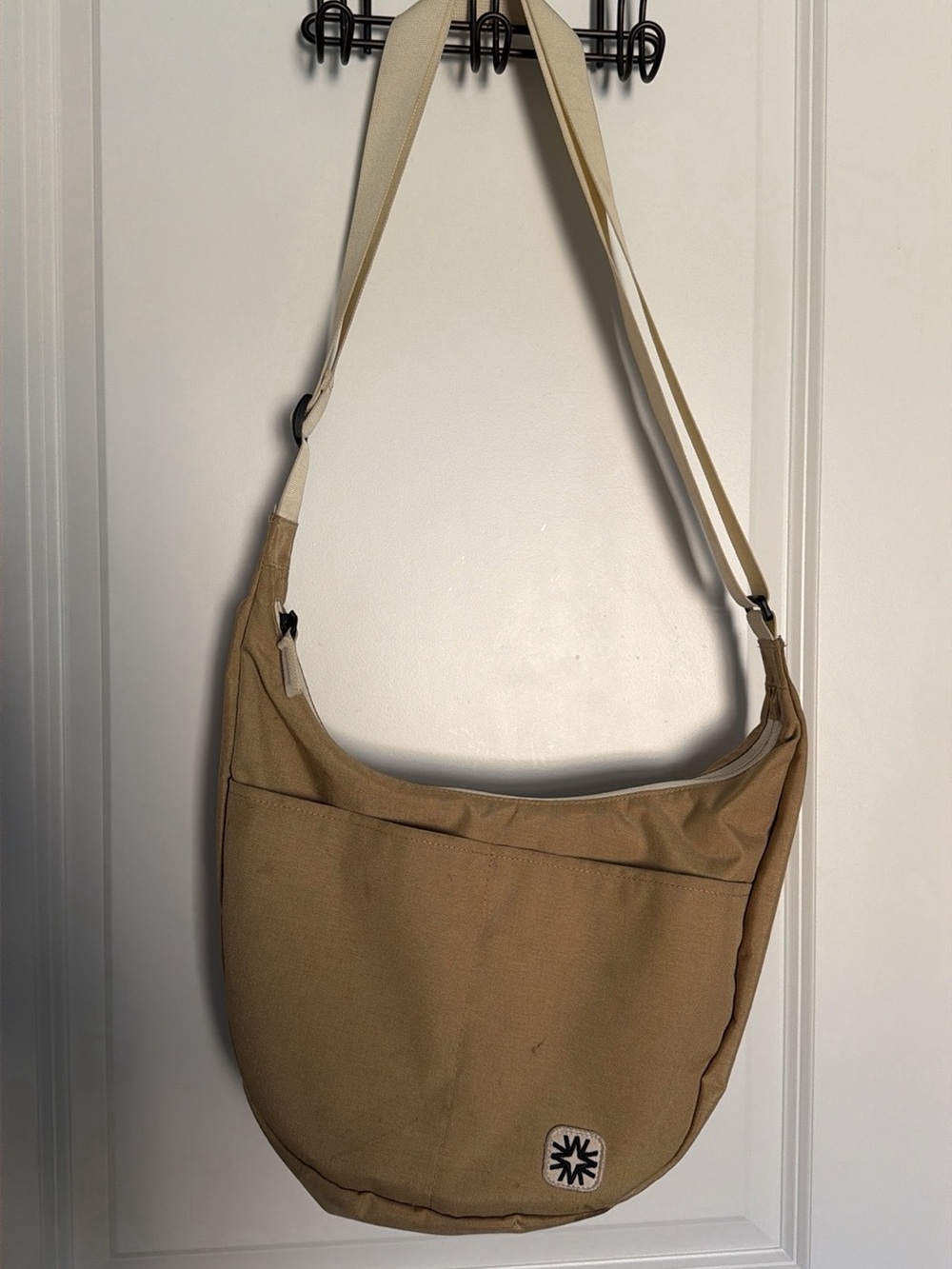 Canvas Crescent Crossbody Bag in Tan with Cream Strap